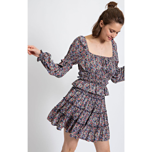 Easel Matching Floral Printed Top and Mini Skirt Set Blueberry L - Picture 1 of 2